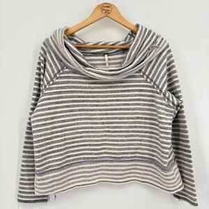 Free People Striped Slouchy Mock Cowl Neck Raw Hem Sweatshirt, Med, Boho Cozy